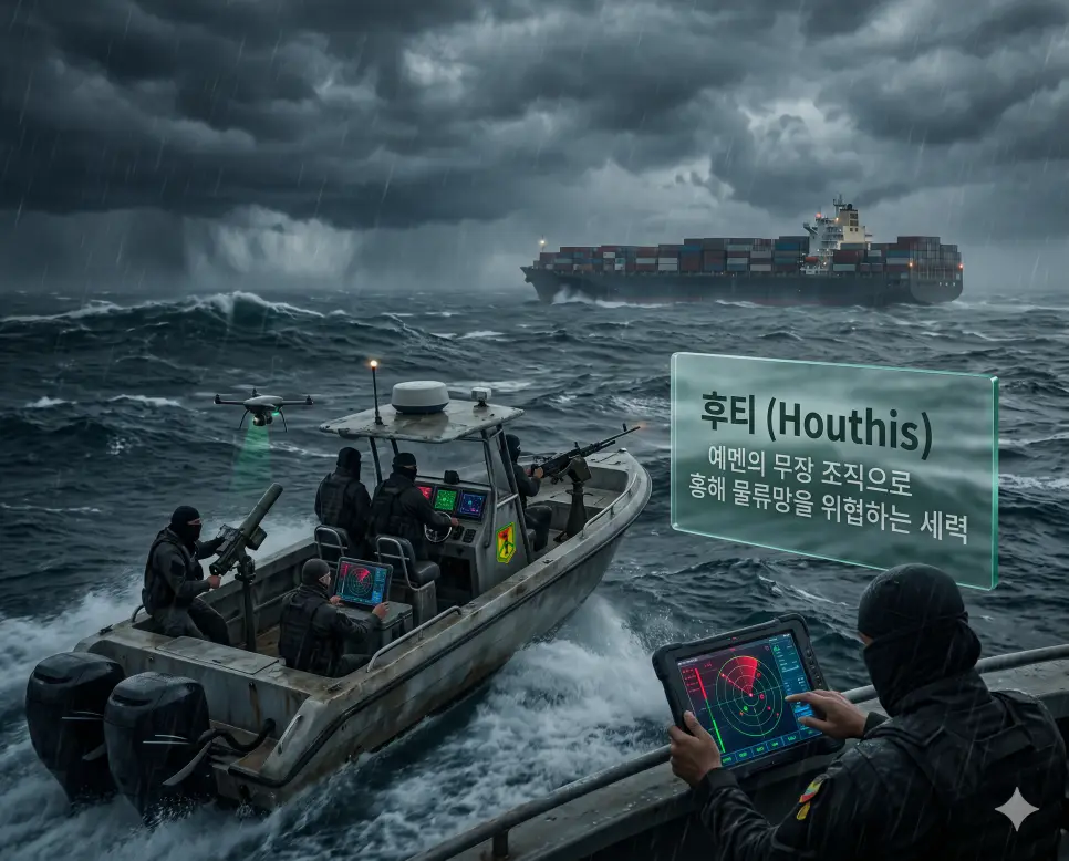 탈레반 뜻, 후티 뜻, 외로운 늑대 뜻: 아프가니스탄 통치 조직과 예멘 무장 세력 및 자생적 테러리스트 확인 2 후티 뜻을 시각화하기 위해 폭풍우 치는 홍해에서 국제 화물선을 노리는 무장 조직의 위협적인 활동을 담은 고품격 안보 이미지