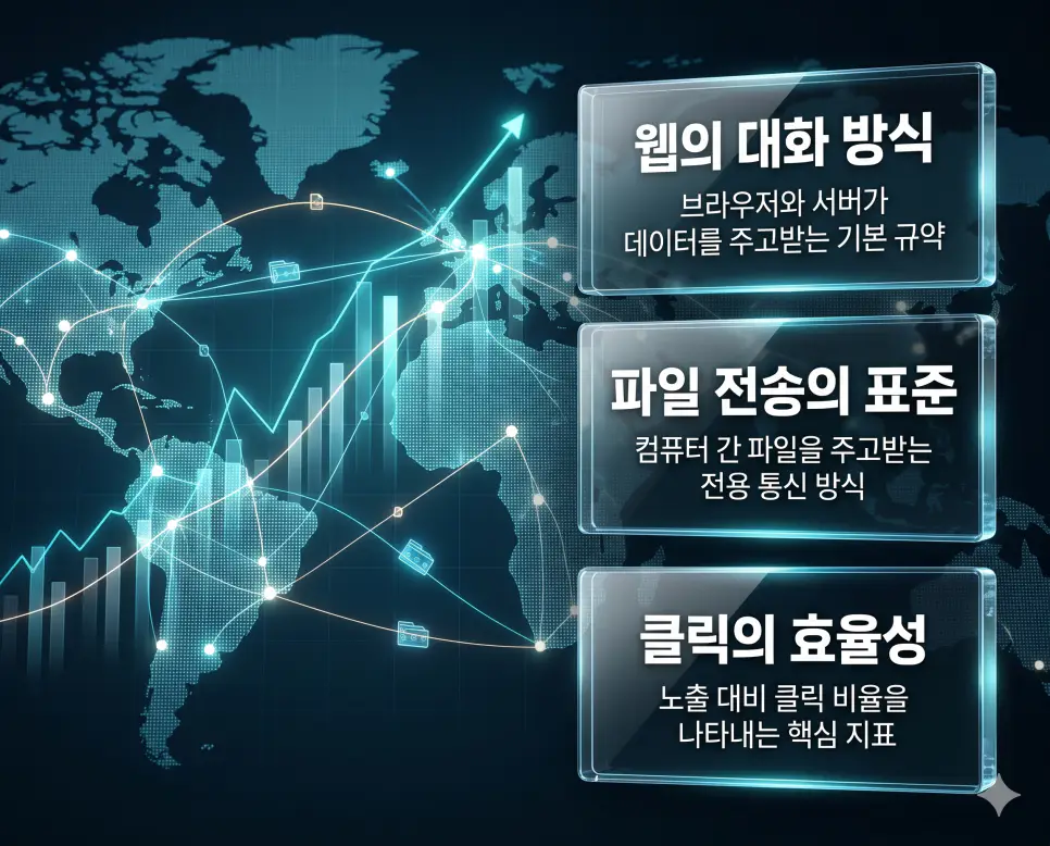 HTTP 뜻, FTP 뜻, CTR 뜻 정리: 웹 통신 규약과 마케팅 핵심 지표 확인 4 한국인 전문가들과 함께 HTTP, FTP, CTR의 기술적 지표를 분석하여 웹 통신 방식과 디지털 마케팅의 성과를 진단하는 프리미엄 포스터 이미지