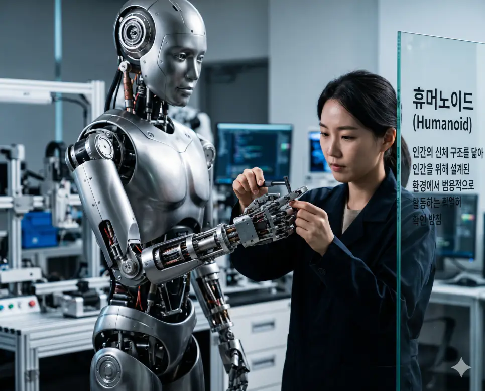 피지컬 AI 뜻, 휴머노이드 뜻, 스마트 팩토리 뜻: 물리적 인공지능 확인 지침 2 휴머노이드 뜻을 시각화하기 위해 한국인 여성 엔지니어가 인간의 신체 구조를 닮아 범용 활동이 가능한 고성능 인간형 로봇의 움직임을 정밀하게 조정하는 실사 이미지