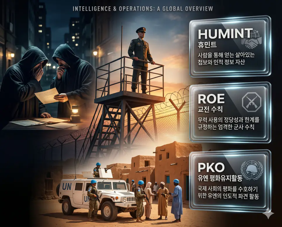HUMINT 뜻, ROE 뜻, PKO 뜻: 인적 네트워크 정보 수집과 교전 수칙 및 유엔 평화유지활동 확인 4 한국인 전문가와 함께 HUMINT, ROE, PKO의 관계를 분석하여 정보 수집 기법과 군사 행동 지침 및 국제 평화 활동을 진단하는 역대급 비주얼 포스터 이미지