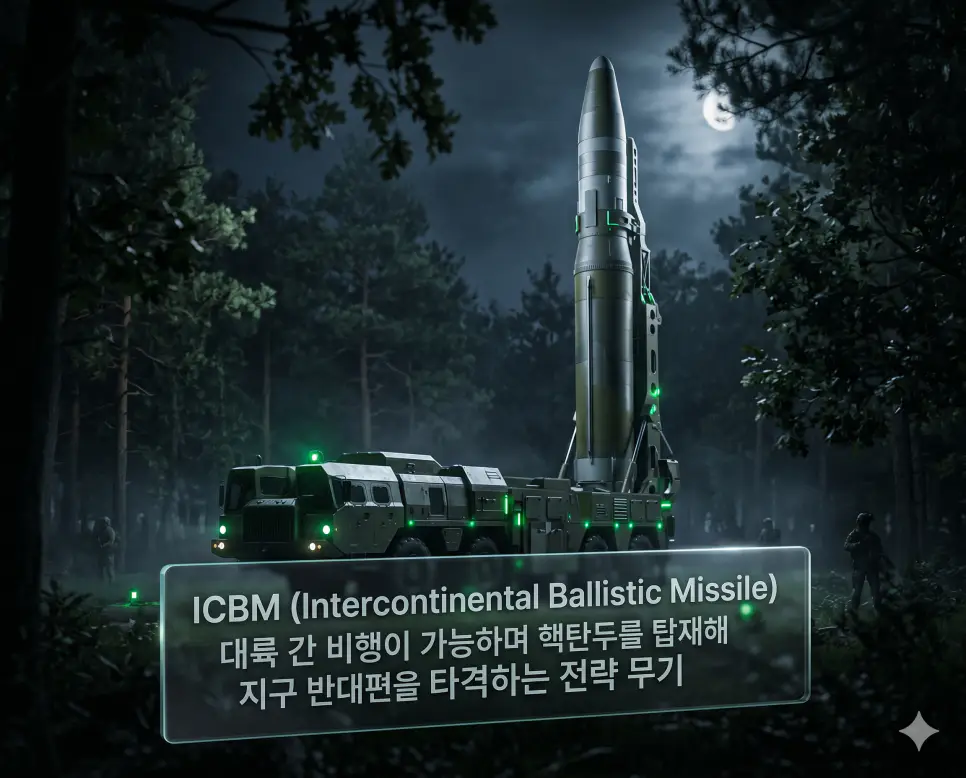 ICBM 뜻을 시각화하기 위해 야간 기지에서 발사를 대기 중인 거대한 대륙간 탄도 미사일과 전략적 위압감을 주는 국방 안보 실사 이미지