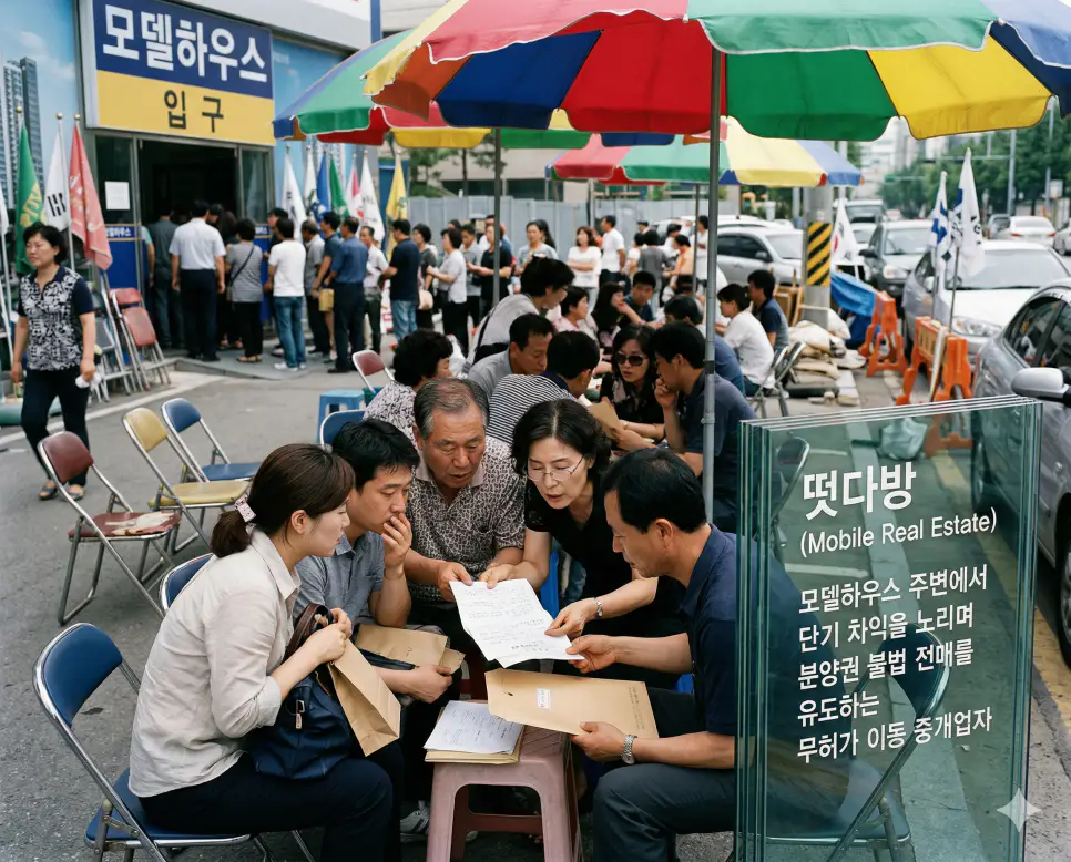 떳다방 뜻을 상징하기 위해 모델하우스 인근에서 불법 전매를 부추기는 이동식 무허가 중개업자들의 투기 조장 현장을 담은 사실적인 실사 이미지