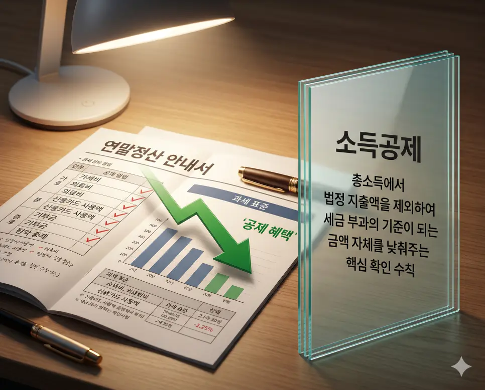 갑근세 뜻, 원천세 뜻, 소득공제 뜻 정리: 근로소득세와 절세 메커니즘 확인 3 소득공제 뜻을 상징하기 위해 총소득에서 법정 지출액을 제외하여 과세 표준을 낮춰주는 연말정산 안내서와 절세를 의미하는 그래프 실사 이미지
