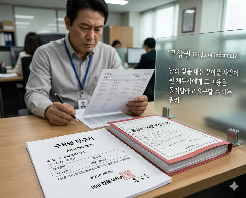 구상권 뜻을 상징하기 위해 대신 갚아준 채무 대금을 원래 빚 주인에게 청구하는 법적 통지서와 금융 거래 내역을 담은 사실적인 실사 이미지
