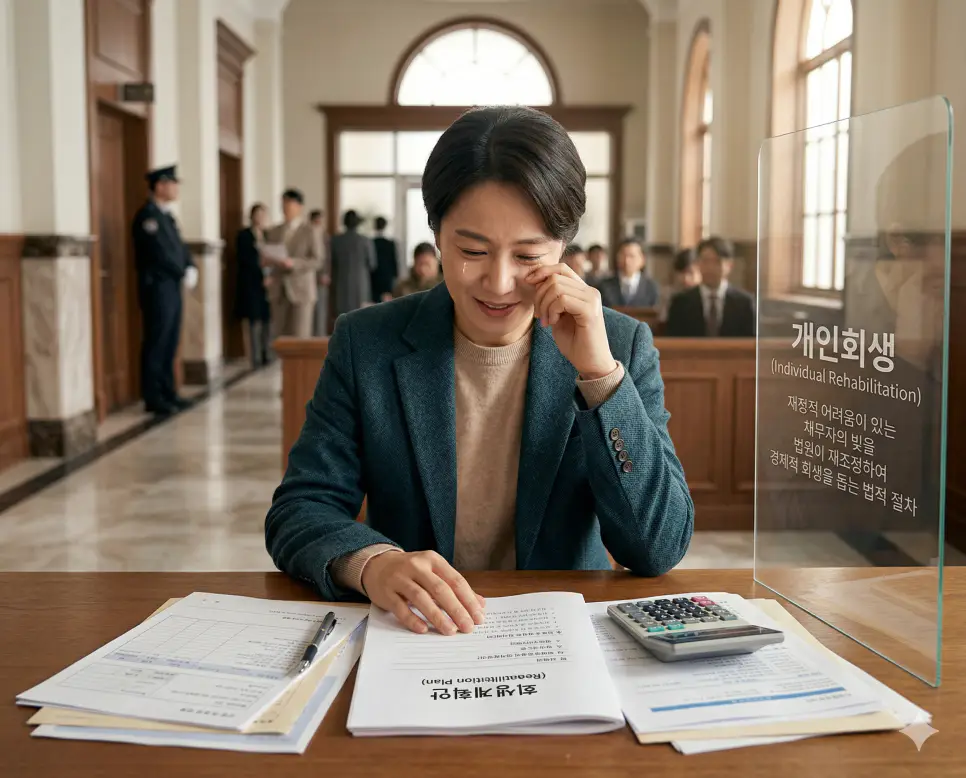 계약금 뜻, 개인회생 뜻, 부양가족 뜻 정리: 계약 증거금과 채무 재조정 및 생계 기준 확인 2 개인회생 뜻을 시각화하기 위해 과도한 채무로 어려움을 겪는 개인이 법원의 조정을 통해 빚을 탕감받고 경제적으로 재기하는 과정을 담은 사실적인 실사 이미지