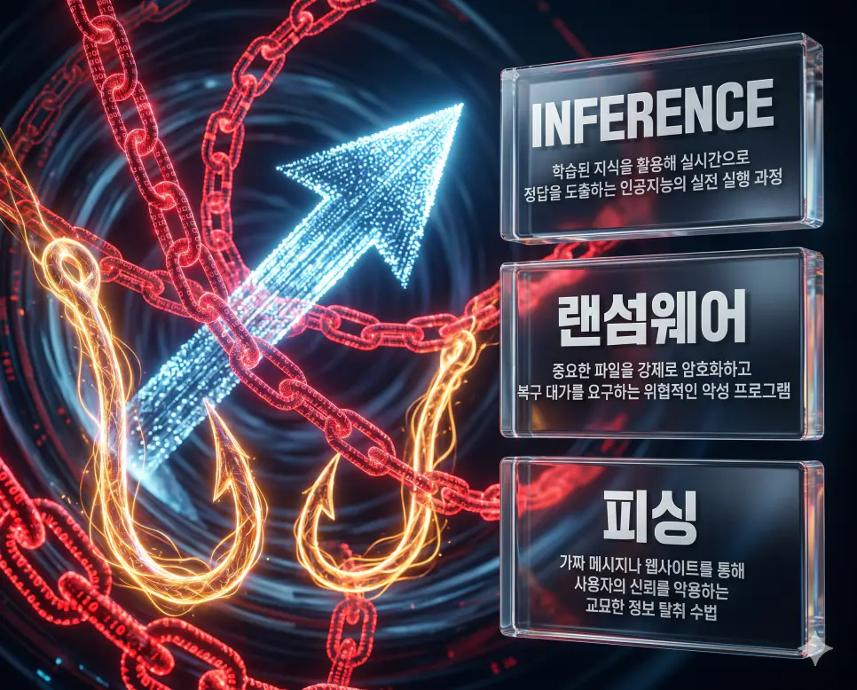한국인 전문가들과 함께 INFERENCE, 랜섬웨어, 피싱의 관계를 분석하여 AI 실행 단계와 디지털 자산 보안의 핵심 원리를 진단하는 역대급 비주얼 포스터 이미지