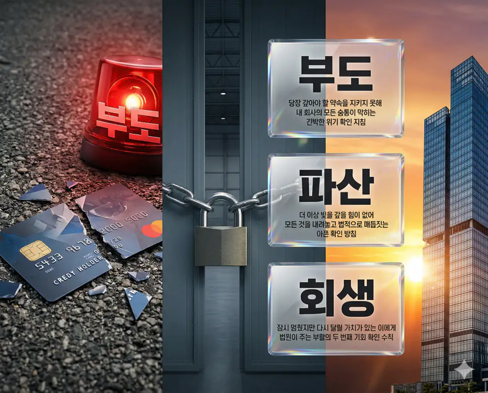 부도 뜻, 파산 뜻, 회생 뜻 정리: 채무 불이행과 경제적 청산 및 재건 기회 확인 4 부도, 파산, 회생 키워드 정의와 각각의 긴박한 부채 위기 및 재건 성공 상황을 사실적인 배경 위에 유리 패널로 정리한 고품격 실사 인포그래픽