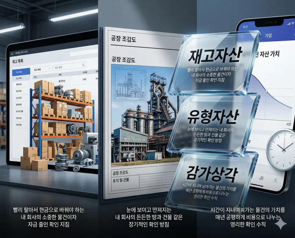 재고자산, 유형자산, 감가상각 키워드 정의와 각각의 물류 관리 및 자산 운용 상황을 사실적인 배경 위에 유리 패널로 정리한 고품격 실사 인포그래픽