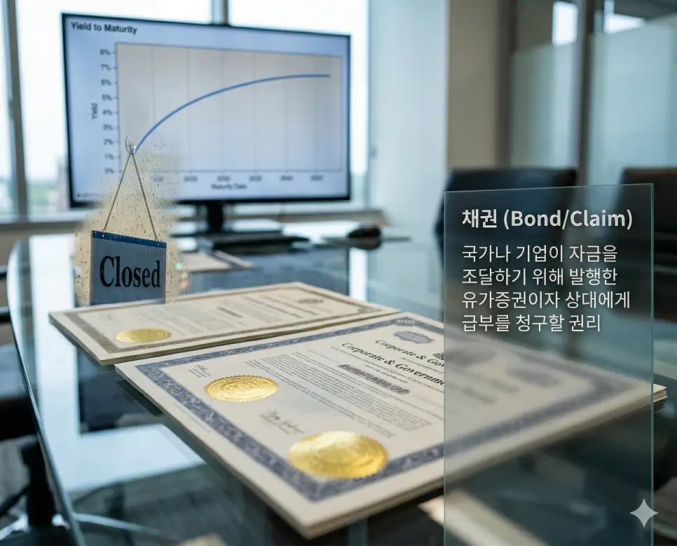 가계부채 뜻, 채권 뜻, 채무 뜻: 개인의 빚과 받을 권리 및 갚을 의무 재무 정리 2 채권 뜻을 시각화하기 위해 금융 전문가의 사무실 테이블 위에 놓인 금박 인장이 찍힌 기업 채권 증서와 수익 그래프를 생생하게 촬영한 실사 이미지
