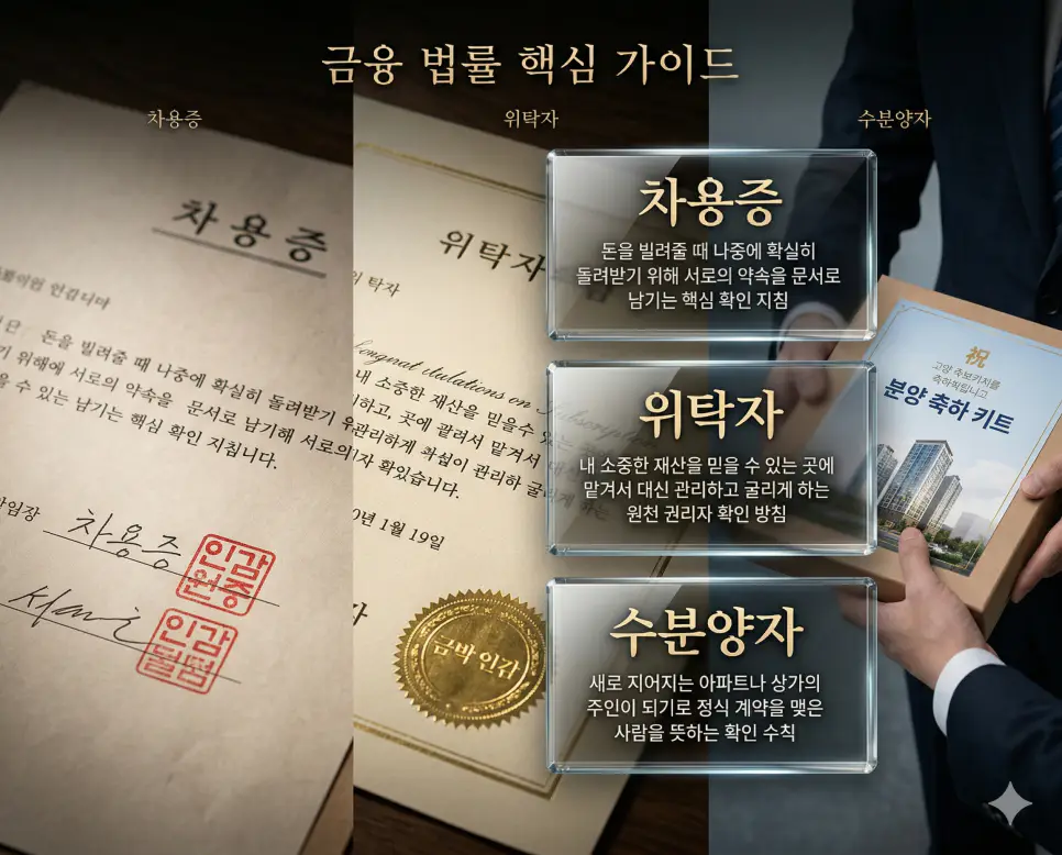 차용증 뜻, 위탁자 뜻, 수분양자 뜻 정리: 금전 대여 증명과 재산 위탁 및 분양자 확인 4 차용증, 위탁자, 수분양자 키워드 정의와 각각의 금전 증명 및 분양 계약 상황을 사실적인 배경 위에 유리 패널로 정리한 고품격 실사 인포그래픽