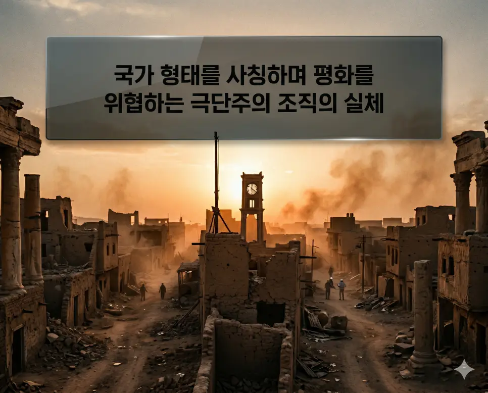 IS 뜻을 설명하기 위해 최첨단 안보 상황실에서 극단주의 조직의 활동 지역을 정밀 분석하는 긴박한 시네마틱 이미지