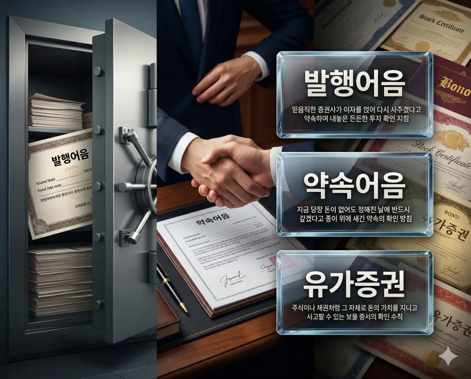 발행어음 뜻, 약속어음 뜻, 유가증권 뜻 정리: 자본 흐름과 지급 보증 확인 4 발행어음, 약속어음, 유가증권 키워드 정의와 각각의 자본 조달 및 지급 약속 상황을 사실적인 배경 위에 유리 패널로 정리한 고품격 실사 인포그래픽