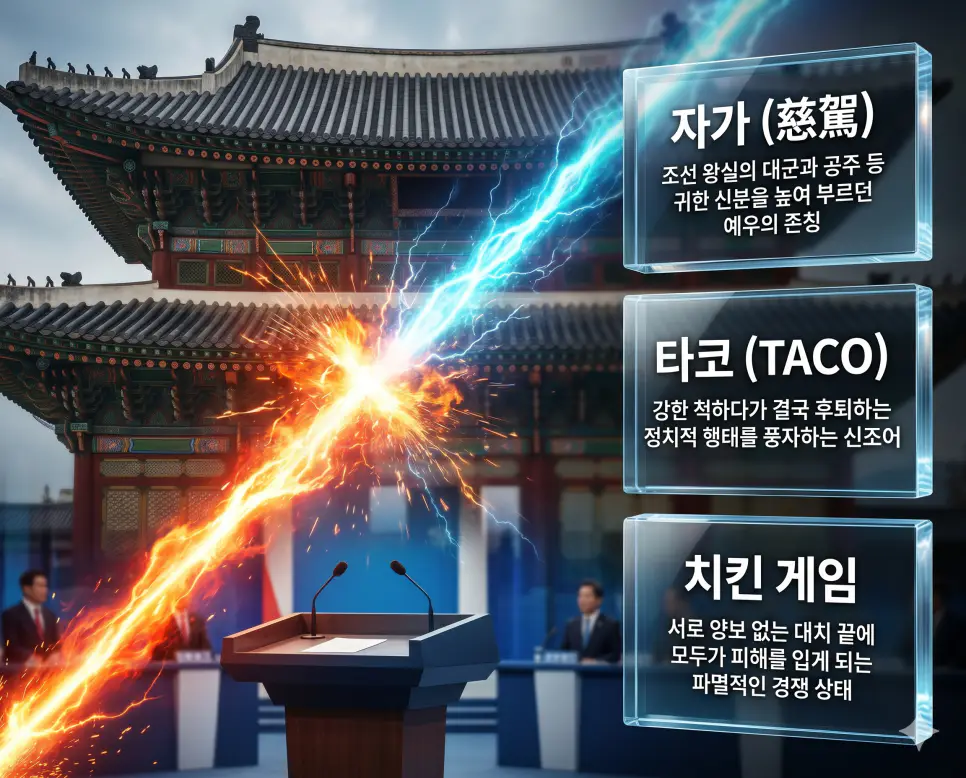 한국인 전문가들과 함께 자가, 타코, 치킨 게임의 관계를 분석하여 왕실의 존칭부터 현대 정치 풍자와 전략적 대결의 핵심 원리를 진단하는 역대급 비주얼 포스터 이미지