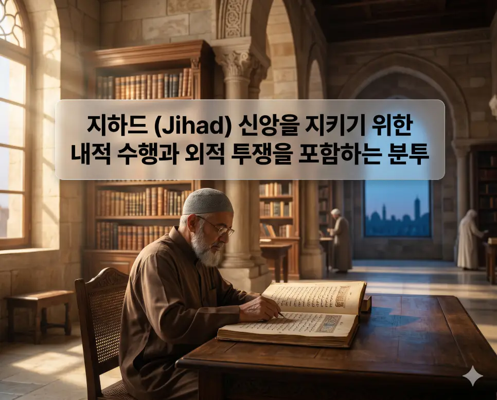 지하드 뜻, 성전 뜻, 순교 뜻: 이슬람의 분투 개념과 종교적 목적의 전쟁 및 신념을 위한 희생 확인 1 지하드 뜻을 설명하기 위해 고대 도서관에서 내적인 신앙의 완성을 위해 학문에 정진하는 학자의 모습을 담은 평화롭고 지적인 시네마틱 이미지