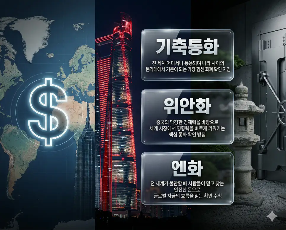 기축통화 뜻, 위안화 뜻, 엔화 뜻: 국제 거래 중심 화폐와 동아시아 핵심 통화 정리 4 기축통화, 위안화, 엔화 뜻의 정의와 각국의 상징적 금융 현장을 사실적인 배경 위에 유리 패널로 정리한 고품격 실사 인포그래픽