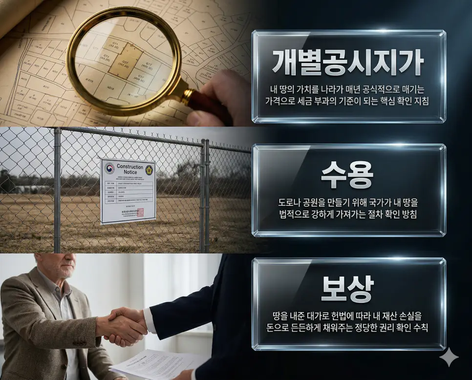 개별공시지가 뜻, 수용 뜻, 보상 뜻 정리: 땅의 공식 가격과 공익 취득 및 손실 보전 확인 4 개별공시지가, 수용, 보상 키워드 정의와 각각의 토지 평가 및 공익 사업 정산 상황을 사실적인 배경 위에 유리 패널로 정리한 고품격 실사 인포그래픽