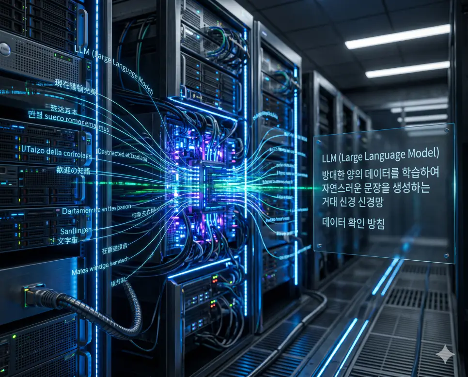 생성형 AI 뜻, LLM 뜻, GPT 뜻 정리: 인공지능 창작 기술과 언어 모델 확인 2 LLM 뜻을 시각화하기 위해 방대한 텍스트 데이터를 학습하여 자연스러운 문장을 구사하는 거대 신경망 모델의 데이터 센터 및 서버 랙 실사 이미지