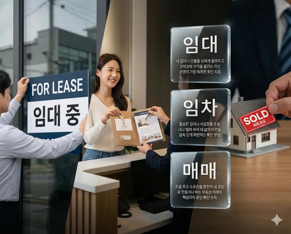 임대, 임차, 매매 키워드 정의와 각각의 자산 대여 및 소유권 이전 상황을 사실적인 배경 위에 유리 패널로 정리한 고품격 실사 인포그래픽