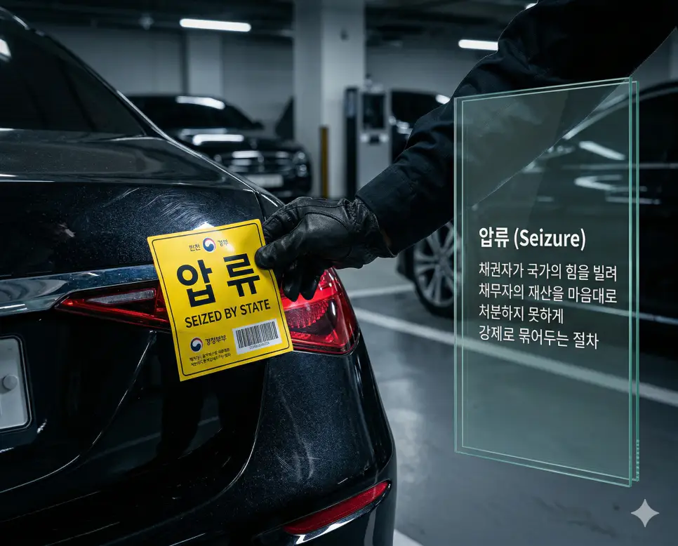 압류 뜻을 시각화하기 위해 채무자의 자산 처분을 금지하기 위해 공식적인 압류 표식을 부착하여 강제 집행을 준비하는 현장의 실사 이미지