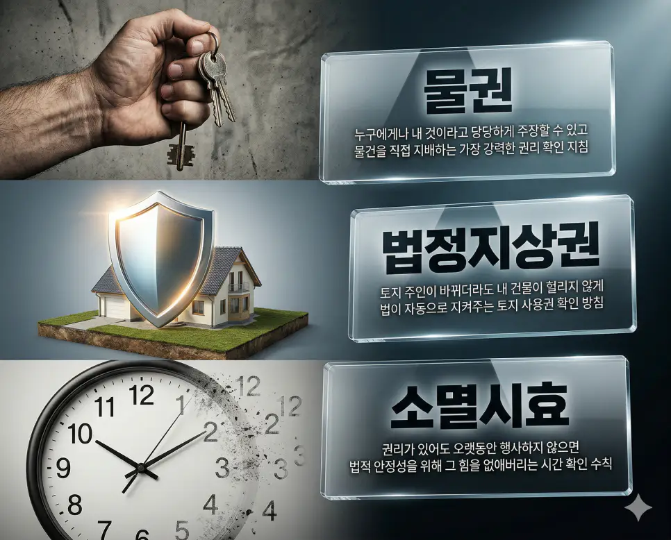 물권 뜻, 법정지상권 뜻, 소멸시효 뜻 정리: 물건 지배권과 법적 토지 사용권 확인 4 물권, 법정지상권, 소멸시효 키워드 정의와 각각의 법적 권리 및 시간적 제약 상황을 사실적인 배경 위에 유리 패널로 정리한 고품격 실사 인포그래픽