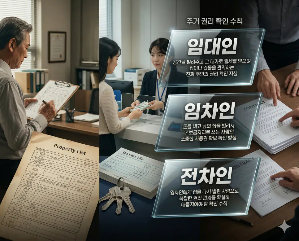 임대인 뜻, 임차인 뜻, 전차인 뜻 정리: 공간의 주인과 사용 및 재임대 주체 확인 4 임대인, 임차인, 전차인 키워드 정의와 각각의 자산 소유 및 다중 임대차 상황을 사실적인 배경 위에 유리 패널로 정리한 고품격 실사 인포그래픽