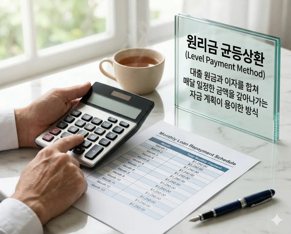 원리금 균등상환 뜻, 중도상환수수료 뜻, 근저당 뜻 정리: 대출 상환과 수수료 확인 1 원리금 균등상환 뜻을 설명하기 위해 매달 일정한 상환 금액이 정리된 대출 계획표를 확인하며 자금 관리를 하는 장면을 촬영한 고해상도 실사 이미지