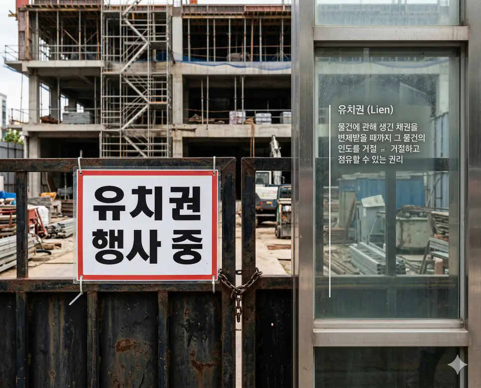 근저당권 뜻, 질권 뜻, 유치권 뜻 정리: 미래 담보와 동산 점유 및 인도 거절 확인 3 유치권 뜻을 상징하기 위해 공사 대금 미납 등의 사유로 건물 입구에 권리 행사 안내문을 부착하고 인도를 거절하는 현장을 담은 사실적인 실사 촬영 이미지