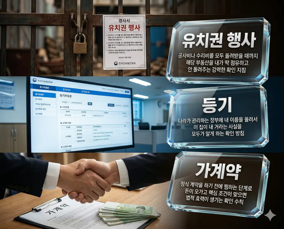 유치권 행사, 등기, 가계약 키워드 정의와 각각의 점유 권리 및 국가 공식 공시 상황을 사실적인 배경 위에 유리 패널로 정리한 고품격 실사 인포그래픽