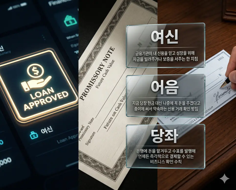 여신 뜻, 어음 뜻, 당좌 뜻 정리: 금융 대출과 약속어음 및 당좌거래 핵심 확인 4 여신, 어음, 당좌 키워드 정의와 각각의 대출 심사 및 유가증권 결제 상황을 사실적인 배경 위에 유리 패널로 정리한 고품격 실사 인포그래픽