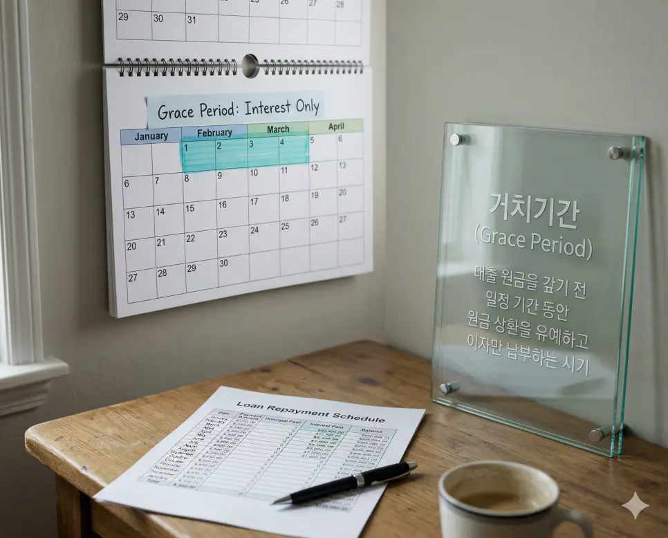 대환대출 뜻, 마이너스통장 뜻, 거치기간 뜻 정리: 이자 절감과 유동성 확보 확인 3 거치기간 뜻을 상징하기 위해 달력에 표시된 원금 상환 유예 기간과 이자만 납부하는 초기 자금 흐름의 여유를 담은 전문적인 실사 촬영 이미지