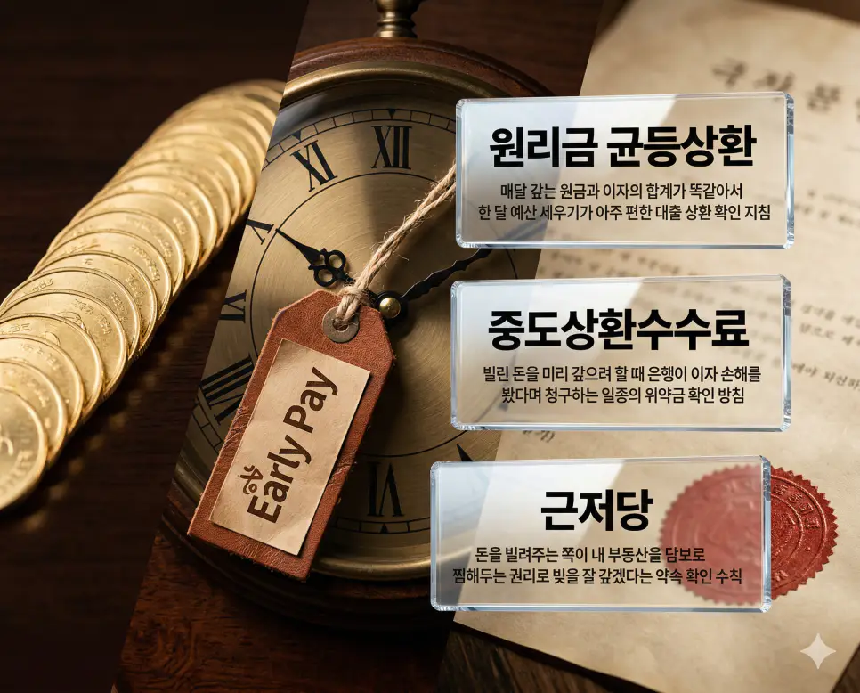 원리금 균등상환 뜻, 중도상환수수료 뜻, 근저당 뜻 정리: 대출 상환과 수수료 확인 4 원리금 균등상환, 중도상환수수료, 근저당 키워드 정의와 각각의 대출 및 부동산 금융 상황을 상징하는 사실적인 배경 위에 유리 패널로 정리한 고품격 실사 인포그래픽