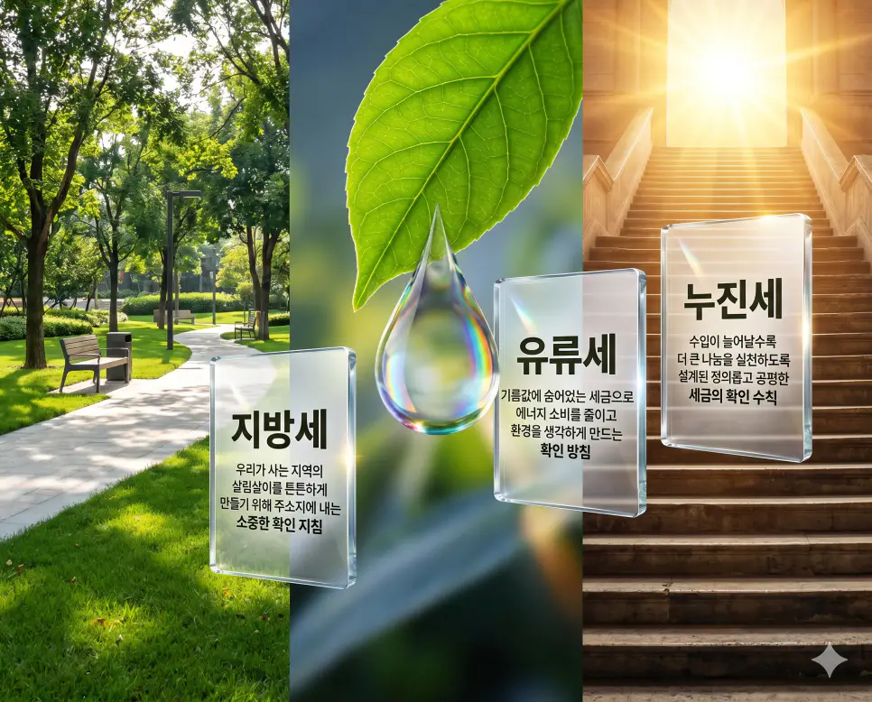 지방세 뜻, 유류세 뜻, 누진세 뜻 정리: 조세 체계와 과세 원리 확인 4 지방세, 유류세, 누진세 키워드 정의와 각각의 지역 사회 유지 및 조세 형평성 상황을 사실적인 배경 위에 유리 패널로 정리한 고품격 실사 인포그래픽