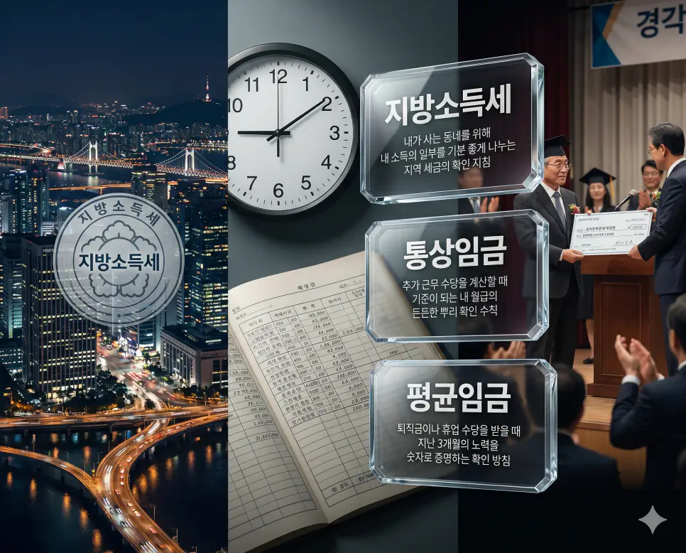 지방소득세, 통상임금, 평균임금 키워드 정의와 각각의 세금 납부 및 임금 산정 상황을 사실적인 배경 위에 유리 패널로 정리한 고품격 실사 인포그래픽