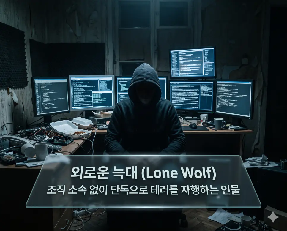 탈레반 뜻, 후티 뜻, 외로운 늑대 뜻: 아프가니스탄 통치 조직과 예멘 무장 세력 및 자생적 테러리스트 확인 3 외로운 늑대 뜻을 정의하기 위해 어두운 방안에서 모니터 불빛에 의존해 단독으로 테러를 계획하는 자생적 위협을 상징적으로 표현한 이미지