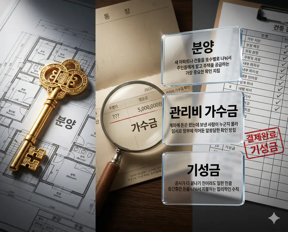 분양, 관리비 가수금, 기성금 키워드 정의와 각각의 주택 공급 및 공사 대금 지급 상황을 사실적인 배경 위에 유리 패널로 정리한 고품격 실사 인포그래픽