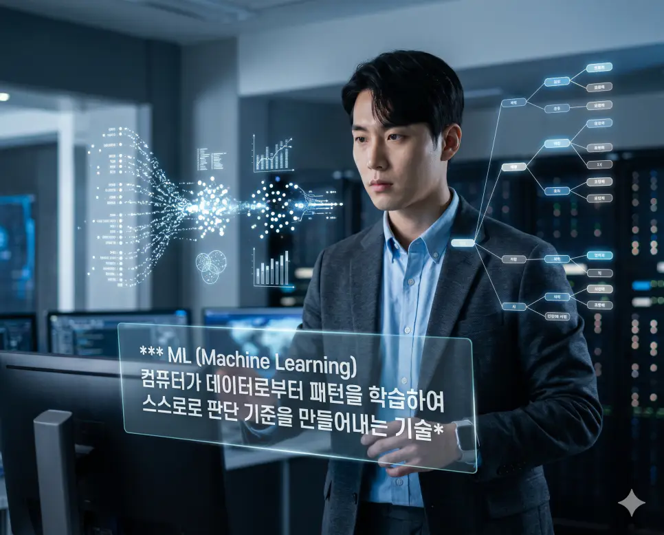 ML 뜻을 설명하기 위해 한국인 데이터 과학자가 데이터로부터 스스로 패턴을 찾아내고 판단 기준을 수립하는 머신러닝 알고리즘의 흐름을 분석하는 시네마틱 이미지