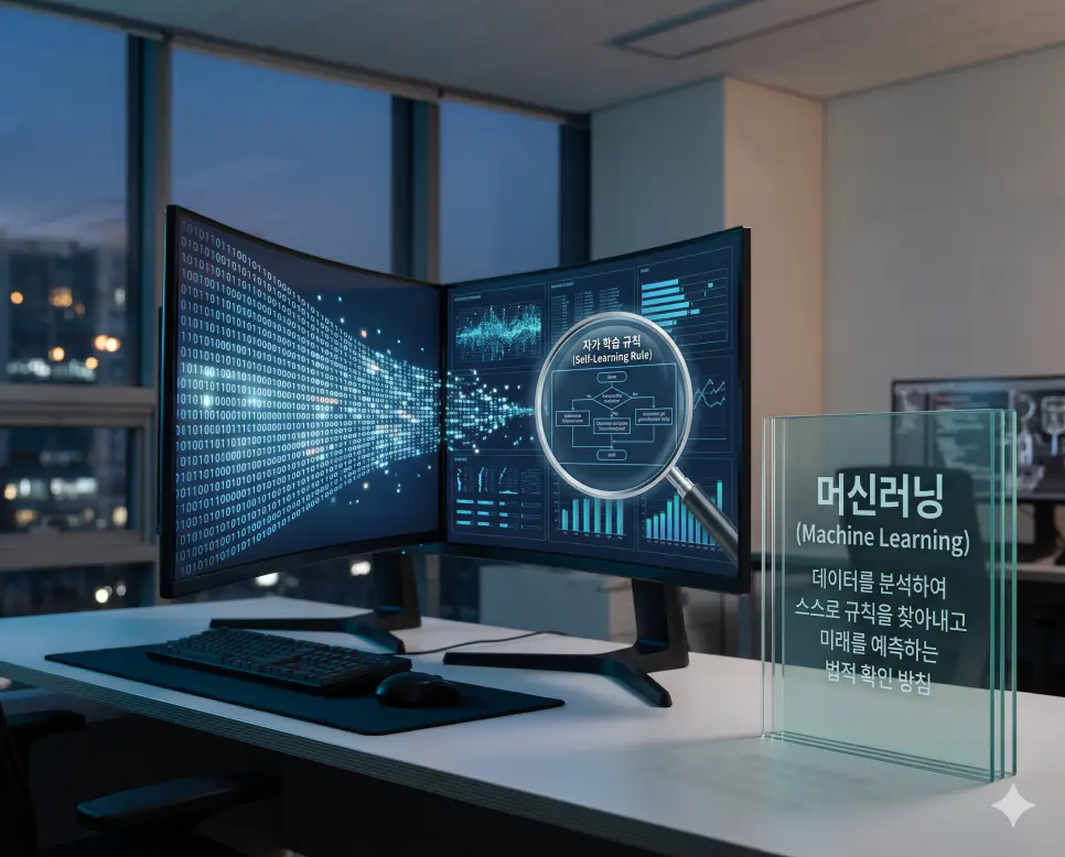 인공지능 뜻, 머신러닝 뜻, 딥러닝 뜻 정리: AI 핵심 기술과 작동 원리 확인 2 머신러닝 뜻을 시각화하기 위해 방대한 데이터를 분석하여 스스로 규칙을 찾아내고 성능을 향상시키는 멀티 모니터 환경과 데이터 패턴의 실사 이미지