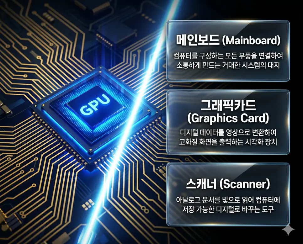 메인보드 뜻, 그래픽카드 뜻, 스캐너 뜻: 컴퓨터 대지와 시각화 전담 및 디지털 변환 확인 4 한국인 전문가들과 함께 메인보드, 그래픽카드, 스캐너의 관계를 분석하여 하드웨어 안정성과 시각화 처리 및 디지털 변환의 핵심 원리를 진단하는 역대급 비주얼 포스터 이미지