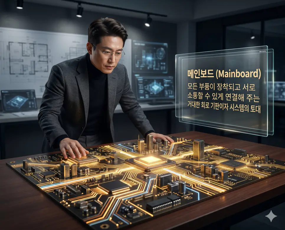 메인보드 뜻, 그래픽카드 뜻, 스캐너 뜻: 컴퓨터 대지와 시각화 전담 및 디지털 변환 확인 1 메인보드 뜻을 설명하기 위해 한국인 하드웨어 설계자가 모든 부품이 서로 소통할 수 있게 연결된 거대한 황금빛 회로 기판을 정밀 분석하는 시네마틱 이미지
