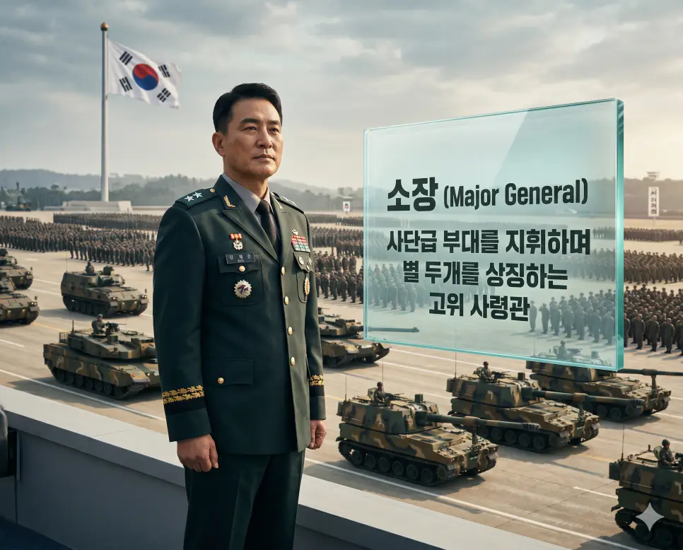 소장 뜻을 시각화하기 위해 수천 명의 병력과 장비를 지휘하는 사단장으로서 압도적인 위엄을 보여주는 장성급 장교의 이미지