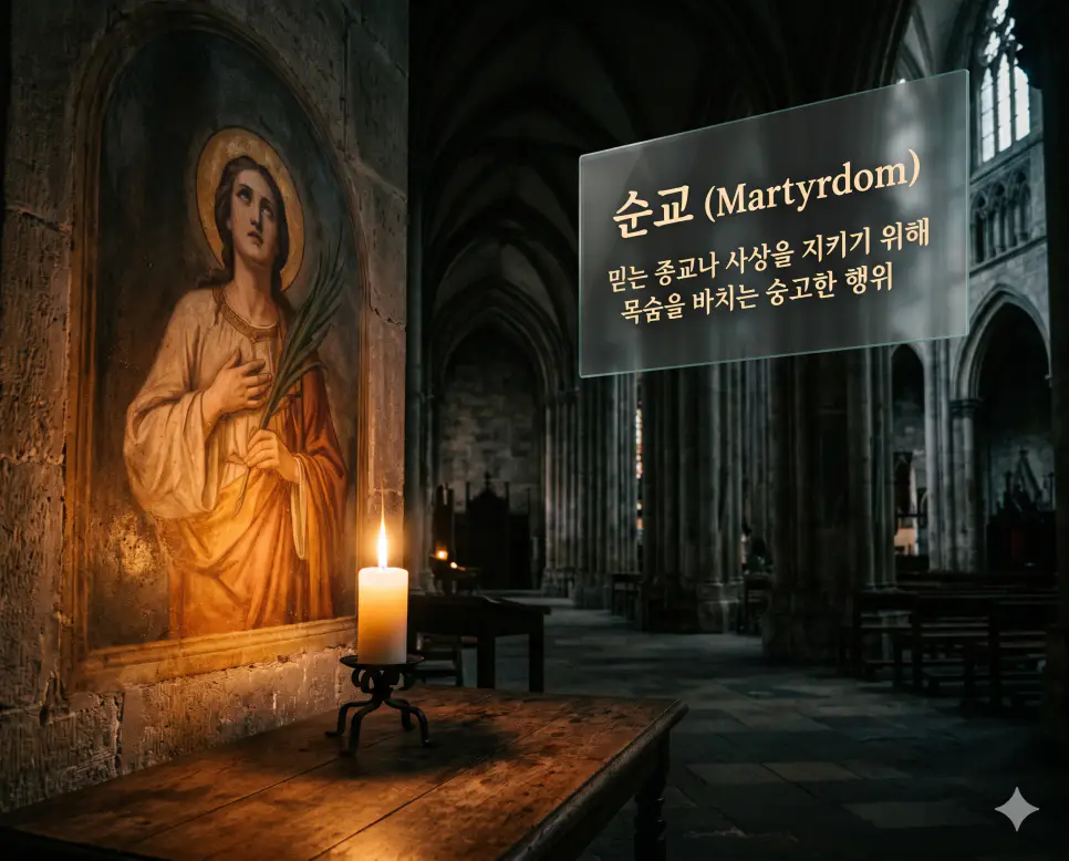 지하드 뜻, 성전 뜻, 순교 뜻: 이슬람의 분투 개념과 종교적 목적의 전쟁 및 신념을 위한 희생 확인 3 순교 뜻을 정의하기 위해 어두운 성당 안에서 신념을 위해 희생한 이들을 기리는 촛불을 통해 숭고한 정신을 상징적으로 표현한 이미지