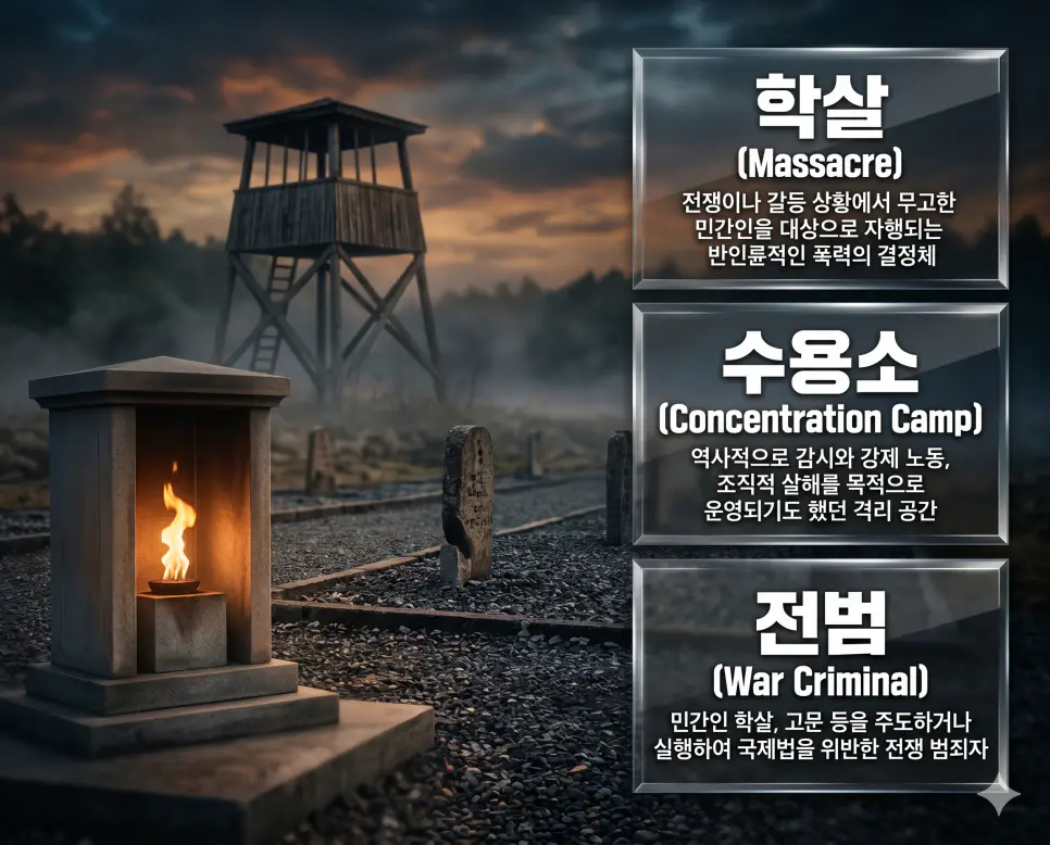 학살 뜻, 수용소 뜻, 전범 뜻: 반인륜적 폭력과 집단 격리 시설 및 전쟁 범죄자 확인 4 한국인 전문가들과 함께 학살, 수용소, 전범의 관계를 분석하여 역사적 비극과 인권 보호 및 정의 구현의 핵심 가치를 진단하는 역대급 비주얼 포스터 이미지