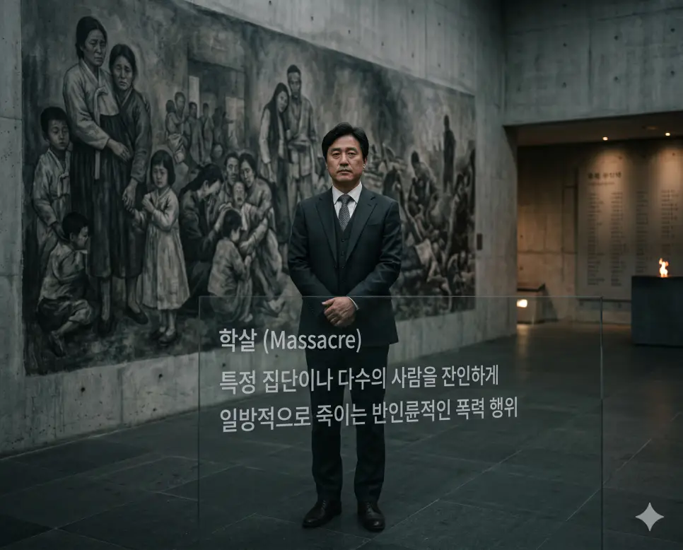 학살 뜻, 수용소 뜻, 전범 뜻: 반인륜적 폭력과 집단 격리 시설 및 전쟁 범죄자 확인 1 학살 뜻을 설명하기 위해 한국인 역사가가 전쟁이나 갈등 상황에서 자행된 무고한 민간인의 비극을 기리는 추모관에서 역사를 되새기는 시네마틱 이미지