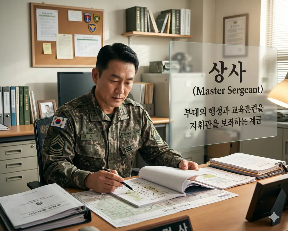 상사 뜻을 시각화하기 위해 행정실에서 부대의 교육 훈련 계획을 꼼꼼히 점검하며 관록을 보여주는 베테랑 부사관의 전문적인 이미지