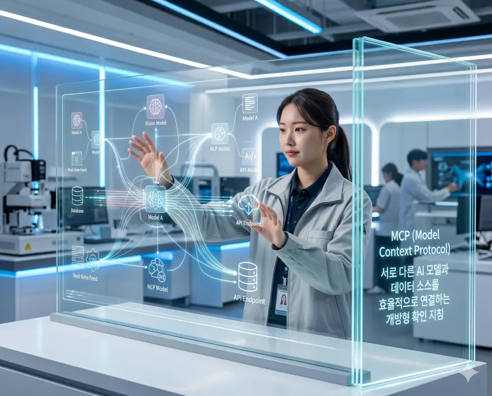 MCP 뜻, MoE 뜻, AI 증류 뜻 정리: 인공지능 확장성과 최적화 기술 확인 1 MCP 뜻을 설명하기 위해 한국인 개발자가 서로 다른 AI 모델과 데이터 소스를 효율적으로 연결하는 개방형 표준 프로토콜을 구현하는 실사 이미지