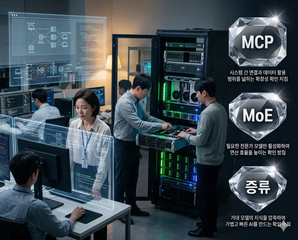 MCP 뜻, MoE 뜻, AI 증류 뜻 정리: 인공지능 확장성과 최적화 기술 확인 4 한국인 전문가들과 함께 MCP, MoE, 증류의 기술적 지표를 한눈에 분석하여 저비용 고성능 AI 생태계를 구축하는 핵심 정보를 정리한 프리미엄 포스터 이미지