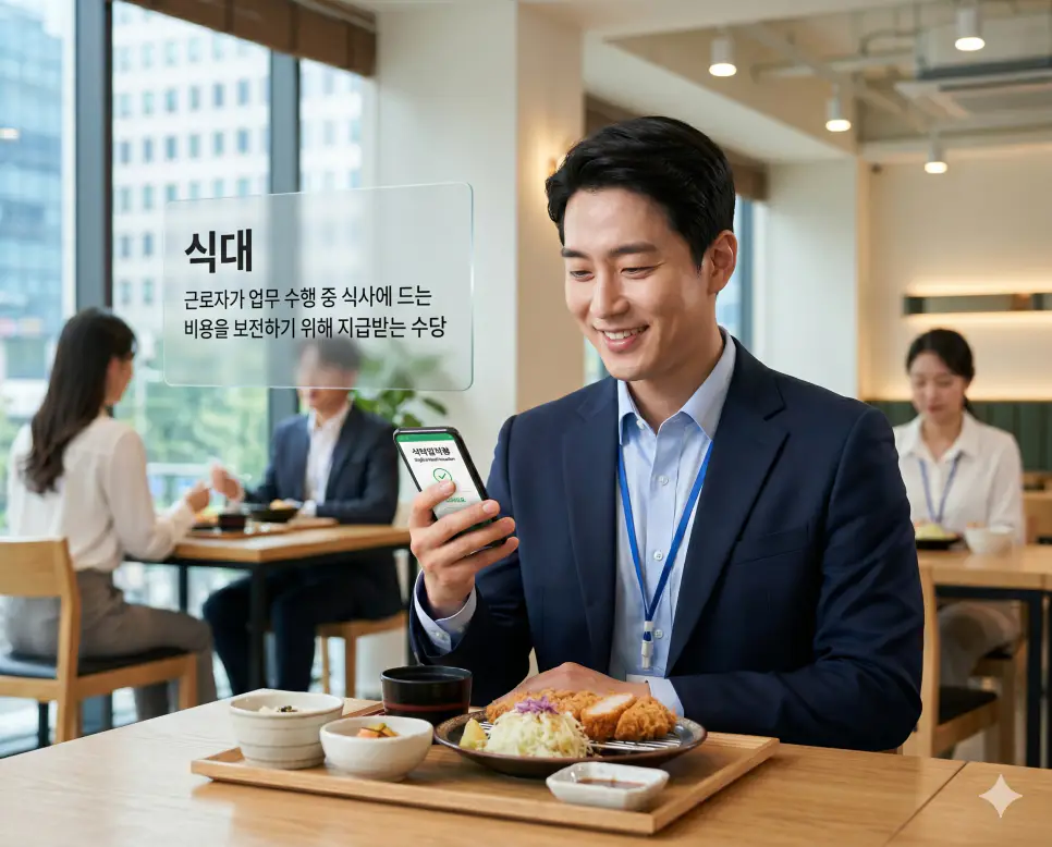 식대 뜻을 시각화하기 위해 한국인 직장인이 업무 식사 비용을 보전받기 위해 회사 복지 카드를 사용하며 만족해하는 고품격 실사 이미지