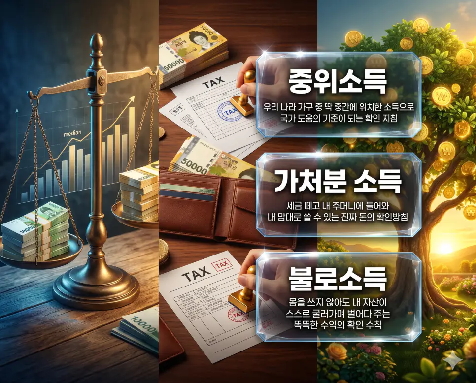 중위소득, 가처분 소득, 불로소득 키워드 정의와 각각의 경제 지표 및 소득 구조 상황을 사실적인 배경 위에 유리 패널로 정리한 고품격 실사 인포그래픽