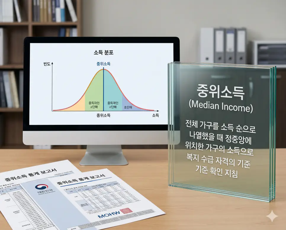 중위소득 뜻을 설명하기 위해 가구를 소득 순으로 나열했을 때 정중앙에 위치한 소득 기준과 복지 수급 자격 가이드를 담은 통계 리포트의 실사 이미지