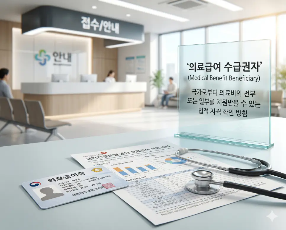 피상속인 뜻, 부양의무자 뜻, 의료급여 수급권자 뜻 정리: 상속과 복지 자격 확인 3 의료급여 수급권자 뜻을 상징하기 위해 국가로부터 의료비 지원을 받을 수 있는 자격을 증명하는 의료급여증과 보건 복지 서비스의 실사 이미지